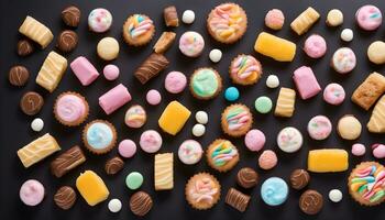 AI generated assorted cookies and sweets on a black background photo