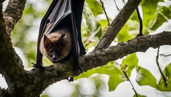 AI generated a bat is hanging upside down from a tree branch photo