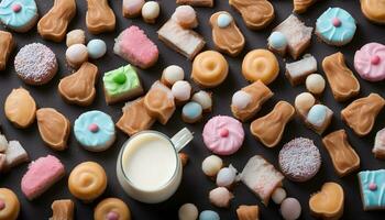 AI generated a bowl of cookies and milk on a black background photo