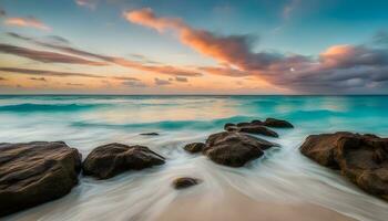 ai generado un hermosa puesta de sol terminado el Oceano con rocas y agua foto
