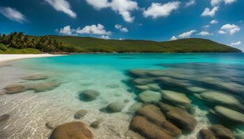 ai generado un hermosa playa con claro agua y rocas foto