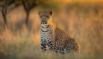 ai generado un leopardo sentado en el césped a puesta de sol foto