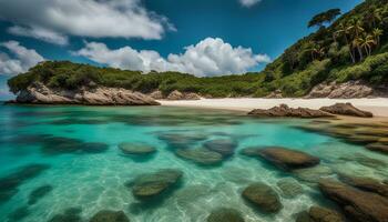 AI generated a beautiful beach with clear water and rocks photo