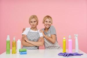 Attractive young blonde housewives with natural makeup making spring cleaning with household chemicals, sitting over pink background in working clothes photo