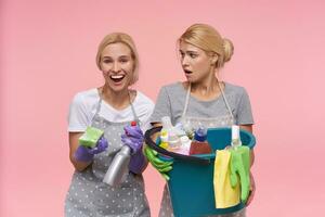 Indoor photo of young blonde women with bun hairstyle making spring cleaning with household chemicals, posing over pink background. Housework and housekeeping concept