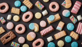 AI generated assorted cookies and pastries on a black background photo