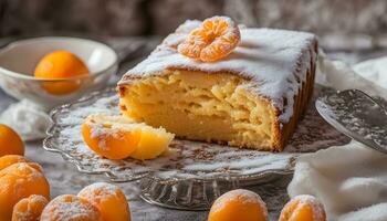 ai generado un pedazo de pastel con naranja rebanadas en un plata plato foto