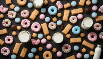 ai generado muchos diferente tipos de galletas y Leche en un negro antecedentes foto