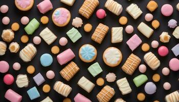 AI generated many different kinds of cookies and candies on a black background photo