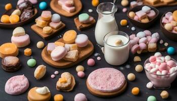 AI generated various sweets and milk on a black background photo