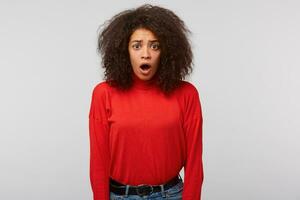 Stunned African American female with afro hairstyle stares at camera and keeps mouth opened, looks surprisingly, realizes bad news, stands against white background. People, reaction, ethnicity photo