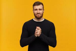 Bearded begging man with brunette hair. Looks regretful. Has piercing. Wearing black sweater. Holds palms together. Plead for something. Watching at the camera, isolated over yellow background photo