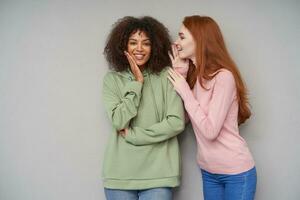 Studio photo of lovely attractive ladies dressed in casual clothes sharing exciting news and smiling positively while standing against grey background