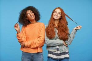 Indoor photo of charming positive girls looking dreamily upwards and biting underlips, pulling their hair with raised hands while posing over blue background