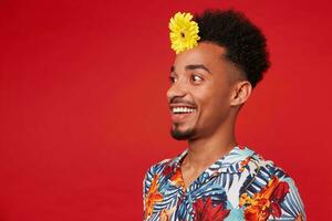Young happy amazed dark skinned guy, wears in Hawaiian shirt, looks at the camera with happy expression, with a yellow flower in hair, stands over red background. photo