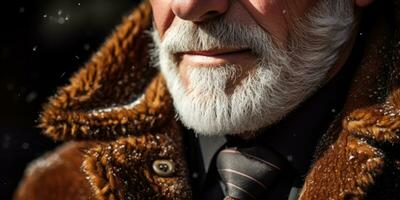 ai generado mayor Caballero con barba, Exquisito piel abrigo. ai generativo. foto