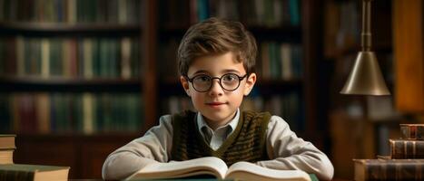 AI generated Young reader in sweater and glasses, absorbed in enchanting story,. AI generative. photo