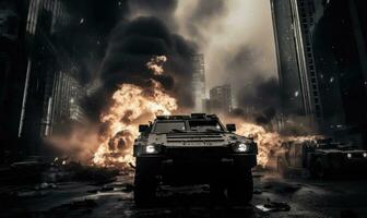 AI generated Intense battlefield scene. Burning armored military vehicle in city.  AI generative. photo