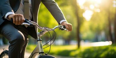 AI generated Smartly dressed man on bicycle, vibrant outdoors, sunny weather. AI generative. photo