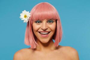 Charming romantic young pink haired lady with colored makeup looking happily at camera and smiling widely, posing over blue background with chamomile in her head photo