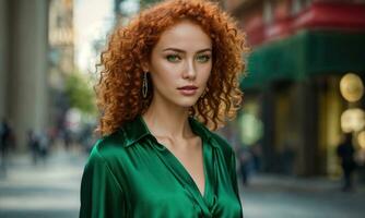 AI generated Beautiful young woman with red curly hair in a green dress in the city at night. ai generative photo