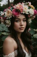 ai generado hermosa joven mujer con flores en pelo mirando a cámara aislado en gris. ai generativo foto