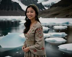 AI generated Portrait of a young woman smiling at camera in front of icebergs. ai generative photo