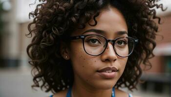 ai generado retrato de un hermosa joven africano americano mujer en los anteojos al aire libre. ai generativo foto