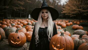 AI generated Beautiful young woman in black dress and hat on the background of Halloween pumpkins. ai generative photo