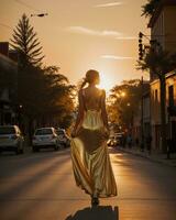 AI generated Beautiful young woman in a long yellow dress walking on the street at sunset. ai generative photo