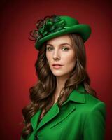 AI generated Portrait of a beautiful young woman in green coat and red hat. ai generative. ai generative photo