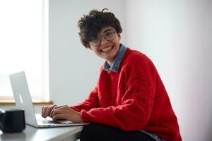Happy stylish young attractive short haired brunette female wearing blue jeans shirt and red knited sweater while sitting at table with modern laptop, being in high spirit and smiling widely at camera photo