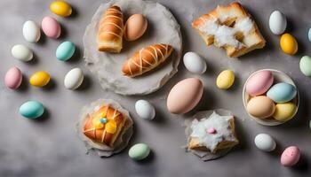 ai generado Pascua de Resurrección huevos y un pan en un mesa foto