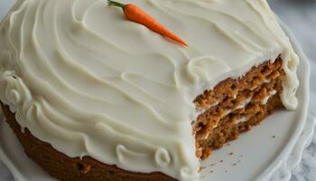 AI generated a carrot cake with white frosting on a plate photo