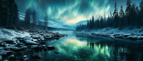AI generated Aurora Borealis Over Pristine Snowy Landscape photo