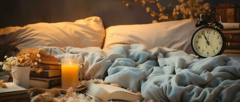 AI generated Cozy Evening Bedtime with Books and Candle photo