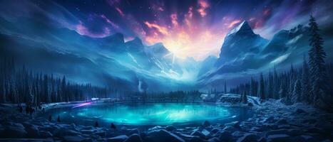 AI generated Winter Night's Dream Under Northern Lights photo