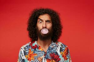 Indoor shot of funny brunette curly male with beard inflating ball with chewing gum while looking at camera with raised eyebrow, isolated against red background in casual clothes photo