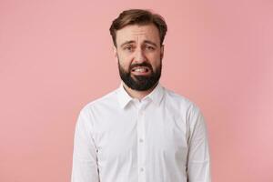 Portrait young bearded man who saw a spider. Looks with disgust isolated over pink background. photo