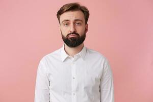 Portrait of a joyless handsome bearded man who was fired from his job. Sadly looking at the camera isolated over pink background. photo