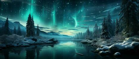 AI generated Winter Night's Dream Under Northern Lights photo