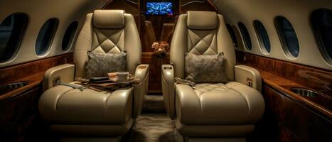 AI generated Luxurious private jet interior, leather seats, plush upholstery. AI generative. photo