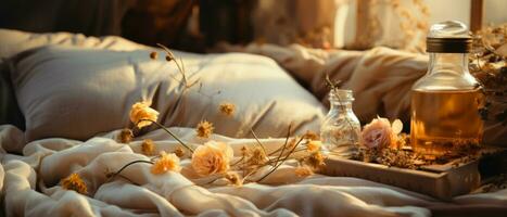 AI generated Cozy Bedtime Setting with Warm Flowers photo