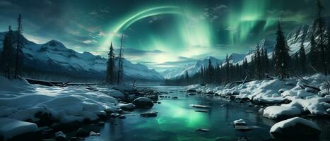 AI generated Aurora Borealis Over Pristine Snowy Landscape photo