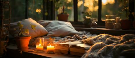 AI generated Cozy Reading Nook with Warm Lantern Light photo