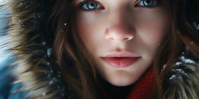 AI generated Close-up of woman in hooded coat, intense gaze, and detailed facial features. AI generative. photo