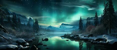 AI generated Winter Night's Dream Under Northern Lights photo