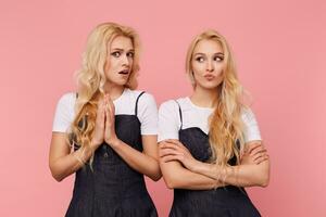 Bemused young brown-eyed pretty woman with wavy hair keeping hands raised while looking confusedly at camera, standing over pink background with her pretty blonde displeased sister photo