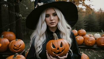 AI generated Beautiful young woman in black dress and hat on the background of Halloween pumpkins. ai generative photo