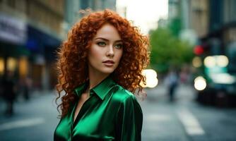 ai generado hermosa joven mujer con rojo Rizado pelo en un verde vestir en el ciudad a noche. ai generativo foto